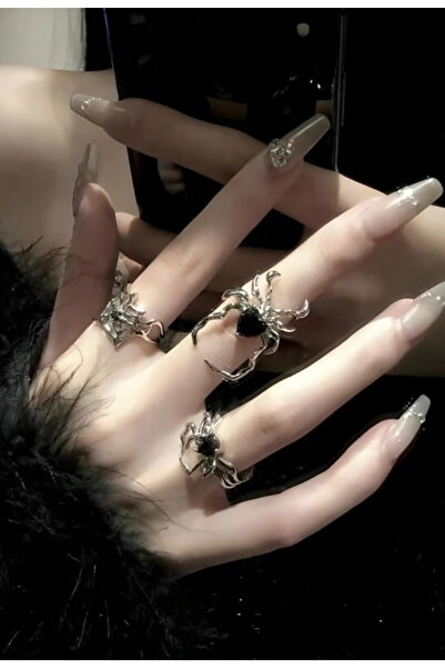 köstebek kadıköy Siyah Taşlı Spider Örümcek Ayarlanabilir 3’lü Yüzük Seti