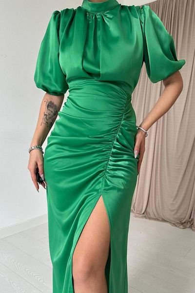 modaserdem Women's Green Gathered Satin Night-Graduation-Wedding-Evening Dress