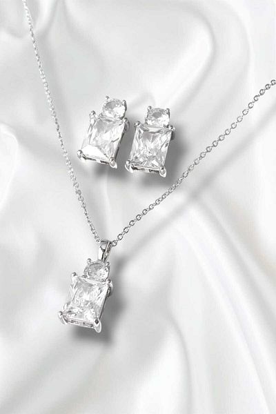 REBORN DESIGN 316L Steel Silver Color Chain Square Zircon Stone Women Necklace Earrings Set