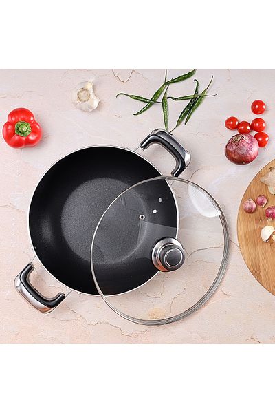 ROYALFORD RF2949 Aluminium Wok Pan with Glass Lid | 30 CM