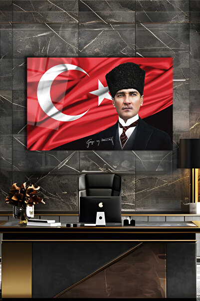 home dekors Atatürk Portre ve Türk Bayrağı Yatay Cam Tablo, Modern Duvar Deko...