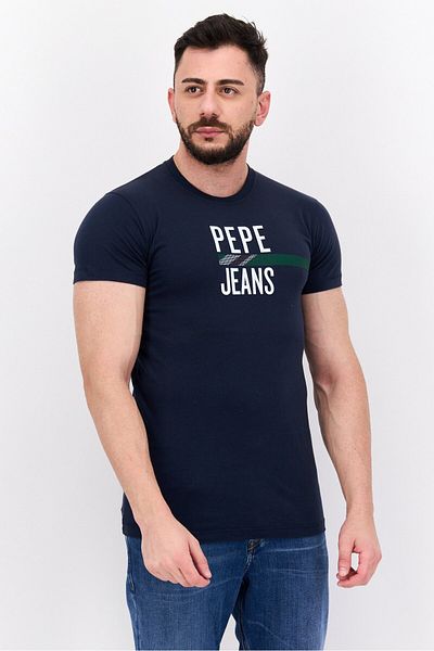 Pepe Jeans تي شيرت رجالي قصير برقبة دائرية وطبعة جرافيكية، أزرق داكن