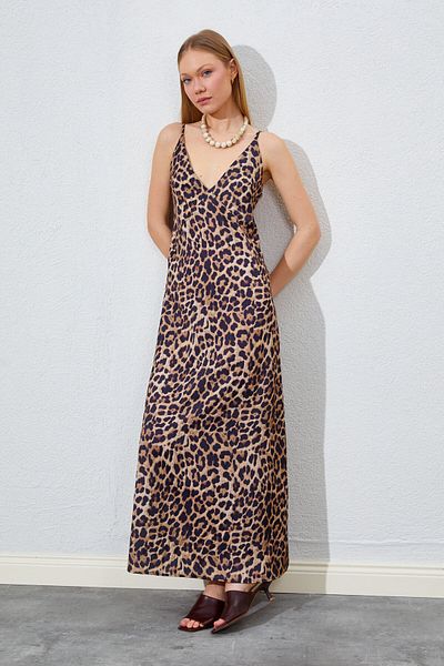 Manche V-Neck Strappy Leopard Print Long Satin Dress |   Mks 281636 -01