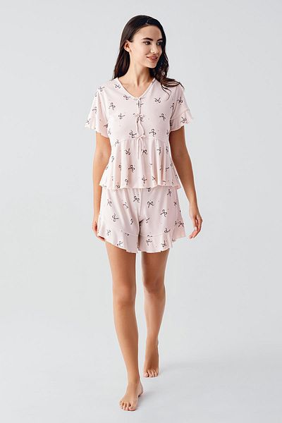 Artış Bow Patterned Short Sleeve Flexible Viscose Shorts Pajama Set