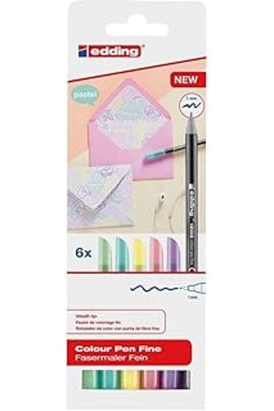 Mu Art Ahşap Edding 1200 Felted Pen with Fine Nib - Set of 6 Pastel Colors - Round Nib 1 mm