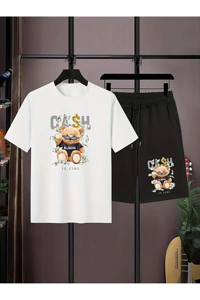 PENTHİLUS 2 Pieces Comfortable T-Shirt Short Sleeve Round Neck Teddy Bear Printed Set