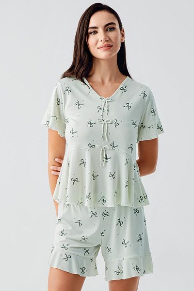 Artış Bow Patterned Short Sleeve Flexible Viscose Shorts Pajama Set