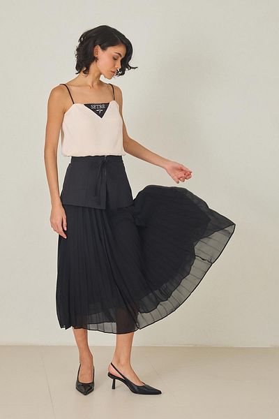 Setre Black Pleat Detailed Zippered Long Skirt with Binding Detail
