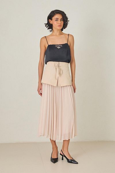 Setre Beige Pleated Detailed Long Skirt with Zipper and Binding Detail