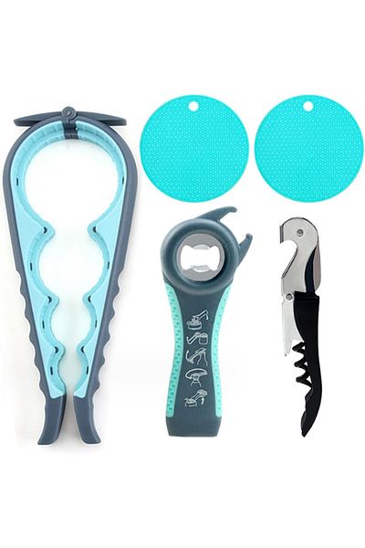COOYA 5PCS Multi-Purpose Can Opener Set, 5 in 1 Bottle Opener, Non Slip Rubber Jar Opener, SA083(Blue)