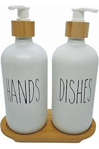 ShopZum Σετ δοσομετρητή υγρού σαπουνιού Mien Bamboo Lid Glass 500 ml X 2 - Δοσομετρητής σαπουνιού με αντλία για κουζίνα και μπάνιο, χέρι και