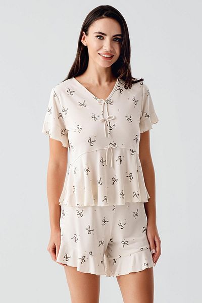 Artış Bow Patterned Short Sleeve Flexible Viscose Shorts Pajama Set