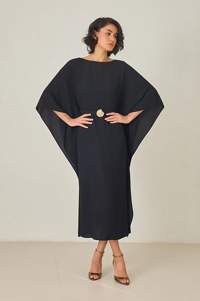 Setre Black Relaxed Cut Midi Length Comfortable Fit Dress with Belt Detail at Waist