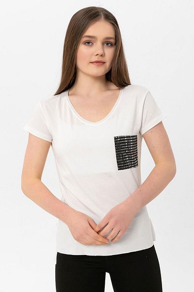 ŞİMAL Tricou oversize cu decolteu în V brodat cu paiete de buzunar pentru femei 240079   -