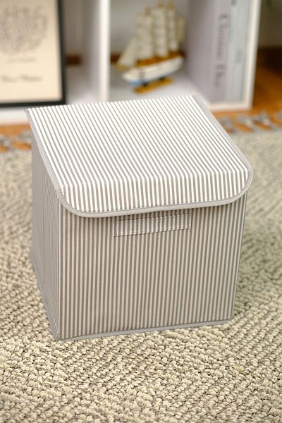 Rope Home Gray Striped Lidded In-Cabinet Laundry Toy Organizer Folding Storage Box 30x30x30