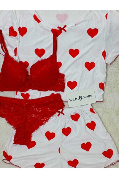 Wild Wake Esnek Penye Kumaş KalpDesenli 2 li Şort Takım+ Şık Kırmızı Dantelli Sütyen Takımı Kombini