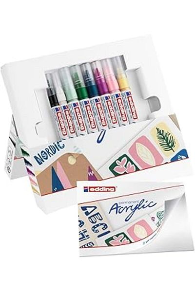 Mu Art Edding Start Easy Set Acrylic Paint Pens, Waterproof; Fine and Medium Nib, Postcard Pad Included -