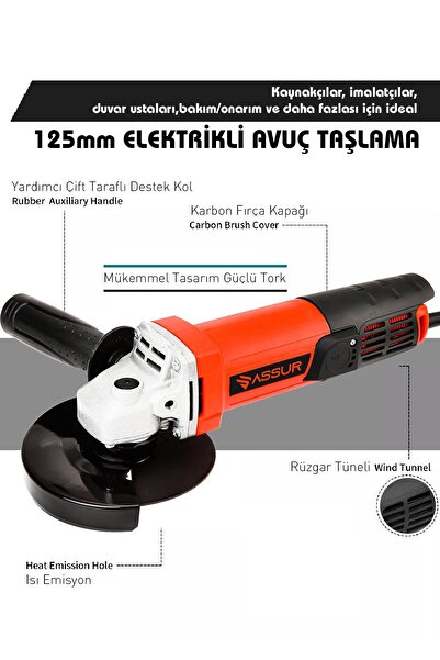 ASSUR Professional Ahşap Metal Kesme Taşlama Makinası Devirsiz 125 Mm 550 W Kırmızı