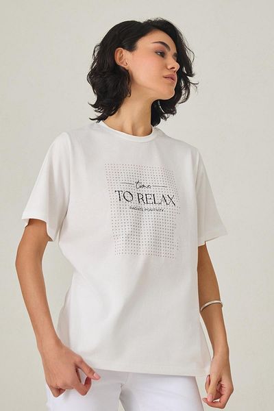 Setre Ecru 100% Cotton Short Sleeve T-Shirt with Print Detail