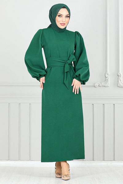 ModaMerve Μπαλόνι μανίκια Hijab βραδινό φόρεμα ανοιχτό σμαραγδένιο 5527END900-M