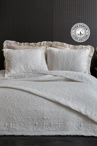 Evlen Home Collection 100% Cotton Double Pique Set Special Stone Washed Bedspread Soft Rabio Cream Off White