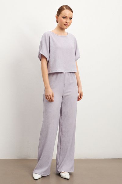 MODAGEN Women's Lilac Short Sleeve Crinkle Pants Set