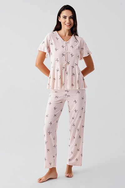 Artış Bow Patterned Short Sleeve Flexible Viscose Pajama Suit
