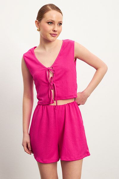 MODAGEN Women's Fuchsia Tie-Up Sleeveless Crinkle Shorts Suit