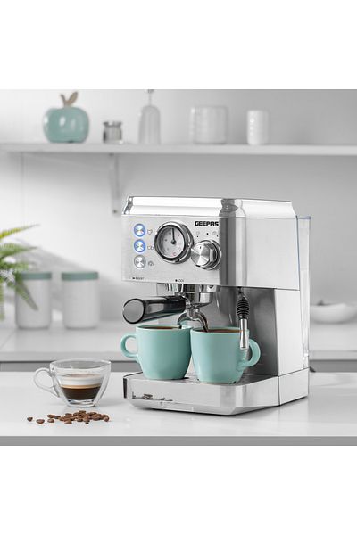 Geepas Espresso and Cappuccino Coffee Machine- GCM1523SS| Die-Cast Aluminum Boiler