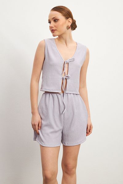 MODAGEN Women's Lilac Laced Sleeveless Crinkle Shorts Suit