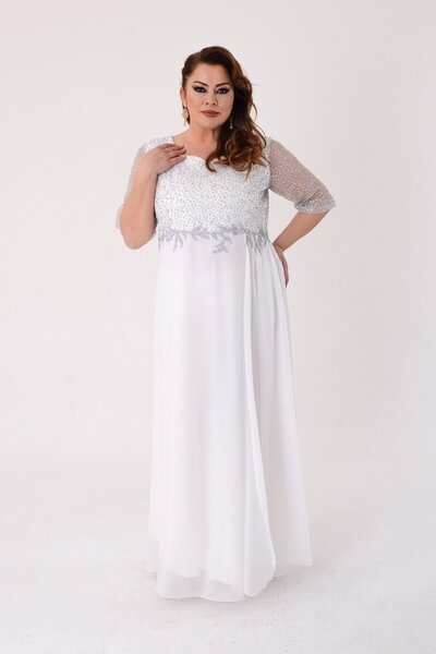 LİLAS XXL Büyük Beden Beyaz Renkli Uzun Şifon Abiye Elbise