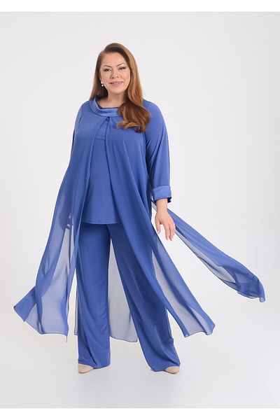 LİLAS XXL Set de tunică cu pantaloni de rochie de seară din șifon color indigo de mărime mare
