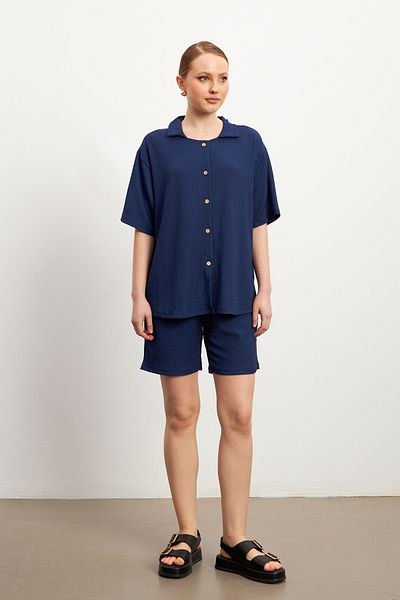 MODAGEN Women's Navy Blue Short Sleeve Crinkle Shirt Shorts Suit