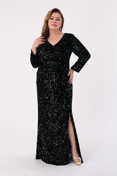 LİLAS XXL Plus Size Black Color Sequin Sequined V Neck Long Evening Dress