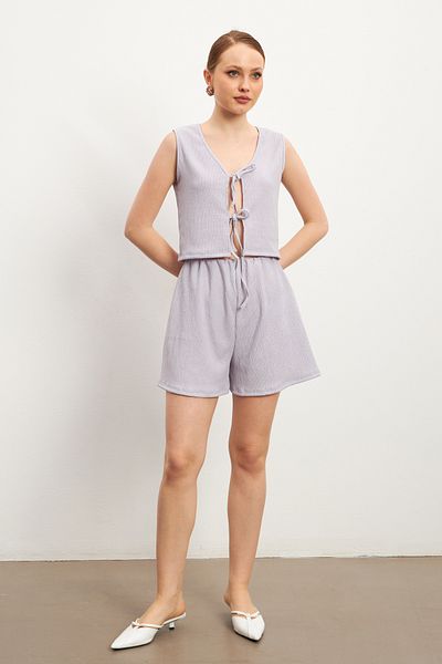 MODAGEN Women's Lilac Laced Sleeveless Crinkle Shorts Suit