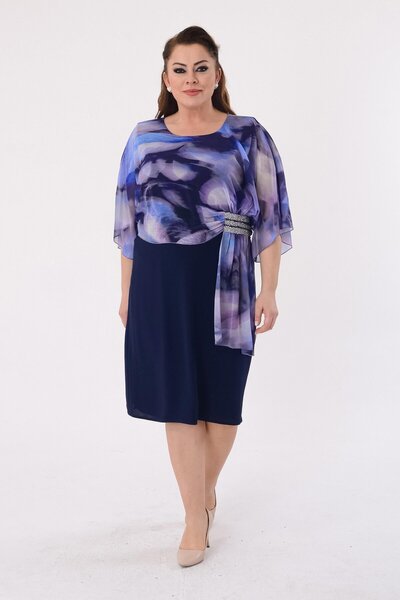 LİLAS XXL Büyük Beden Lacivert Renkli Şifonu Desenli Krep Elbise