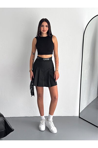 Zula Moda Fusta mini cu curea plisată din țesătură pentru femei