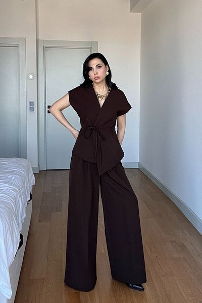 Seda Yalçın Atelier Coffee t Arm Tie-In Vest Pants Suit