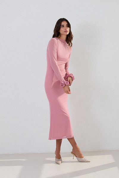 Setre Pink Sheer and Sleeve Detailed Midi Length Dress