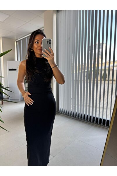 caddstore My 3714 Siyah Drapeli Kalem Elbise