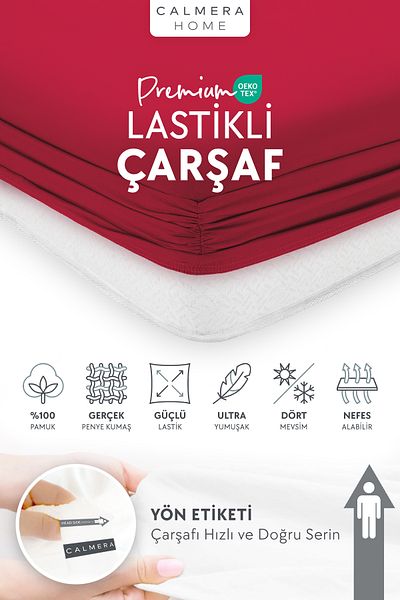 Calmera 100% Cotton Combed Elastic Bed Sheet - Double |   Battal |   King Size - Fitted - Red