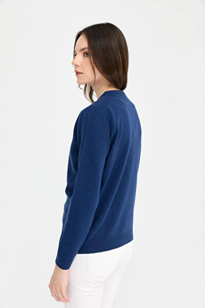 Desen Triko Women's Crew Neck Knitwear Wool Cardigan 21031 Indigo