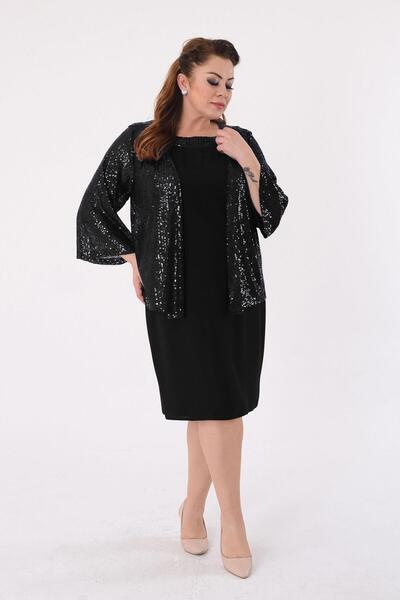 LİLAS XXL Büyük Beden Siyah Renkli Pul Payet Ceketli Krep Abiye Elbise