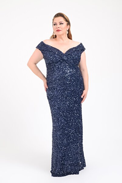LİLAS XXL Büyük Beden Lacivert Renkli Pul Payetli Uzun Abiye Elbise