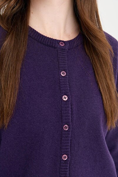 Desen Triko Women's Crew Neck Knitwear Wool Cardigan 21031 K.Purple