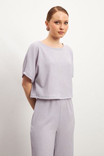 MODAGEN Women's Lilac Short Sleeve Crinkle Pants Set