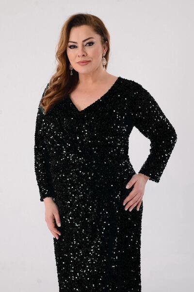 LİLAS XXL Plus Size Black Color Sequin Sequined V Neck Long Evening Dress