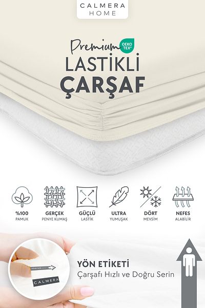 Calmera 100% Cotton Combed Elastic Bed Sheet - Double |   Battal |   King Size - Fitted - Ecru