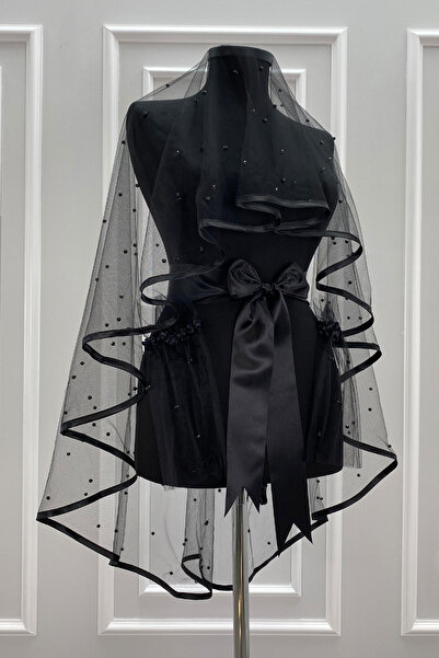 ZEYMERADE Siyah Gelin Duvak Seti, Biyeli Bol İncili, Kına Gecesi, Düğün, Nika...