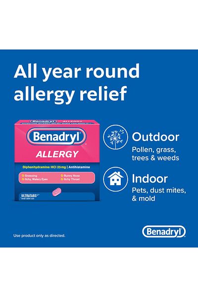 benadryl Ultratabs Antihistamine, 25 mg Diphenhydramine HCl, 48 ct, Allergy & Cold Relief